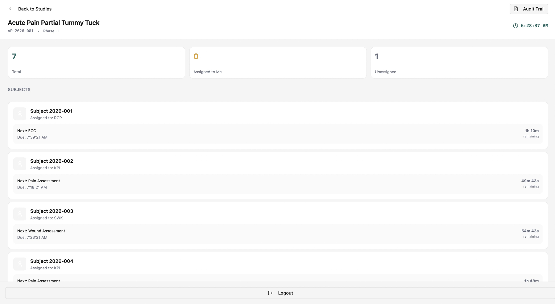Subjects list on the CliniTrackr mobile app with assignment status and live countdowns
