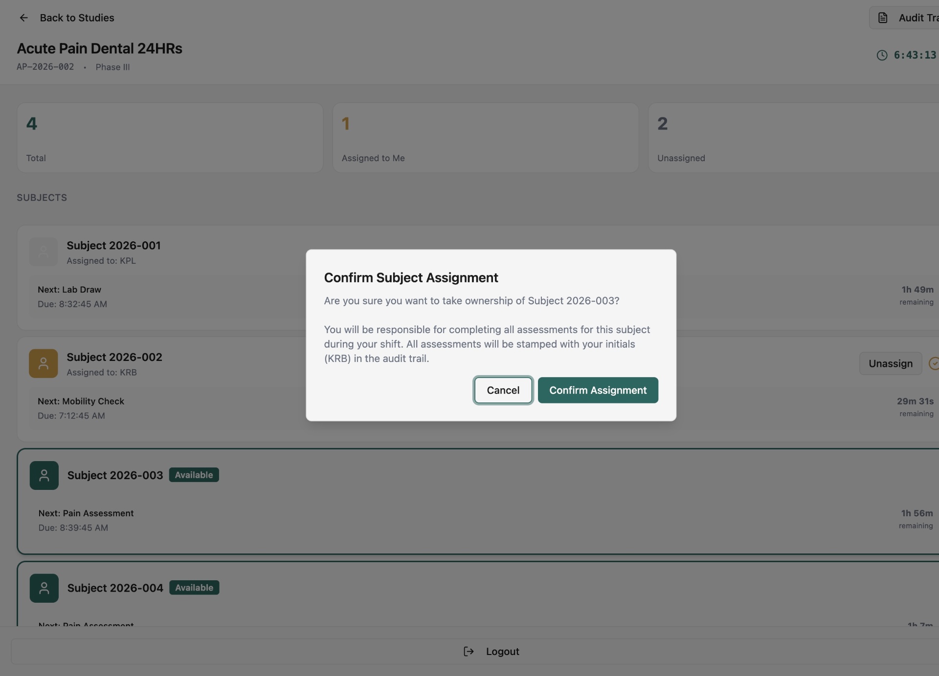Confirm subject assignment dialog on the CliniTrackr mobile app