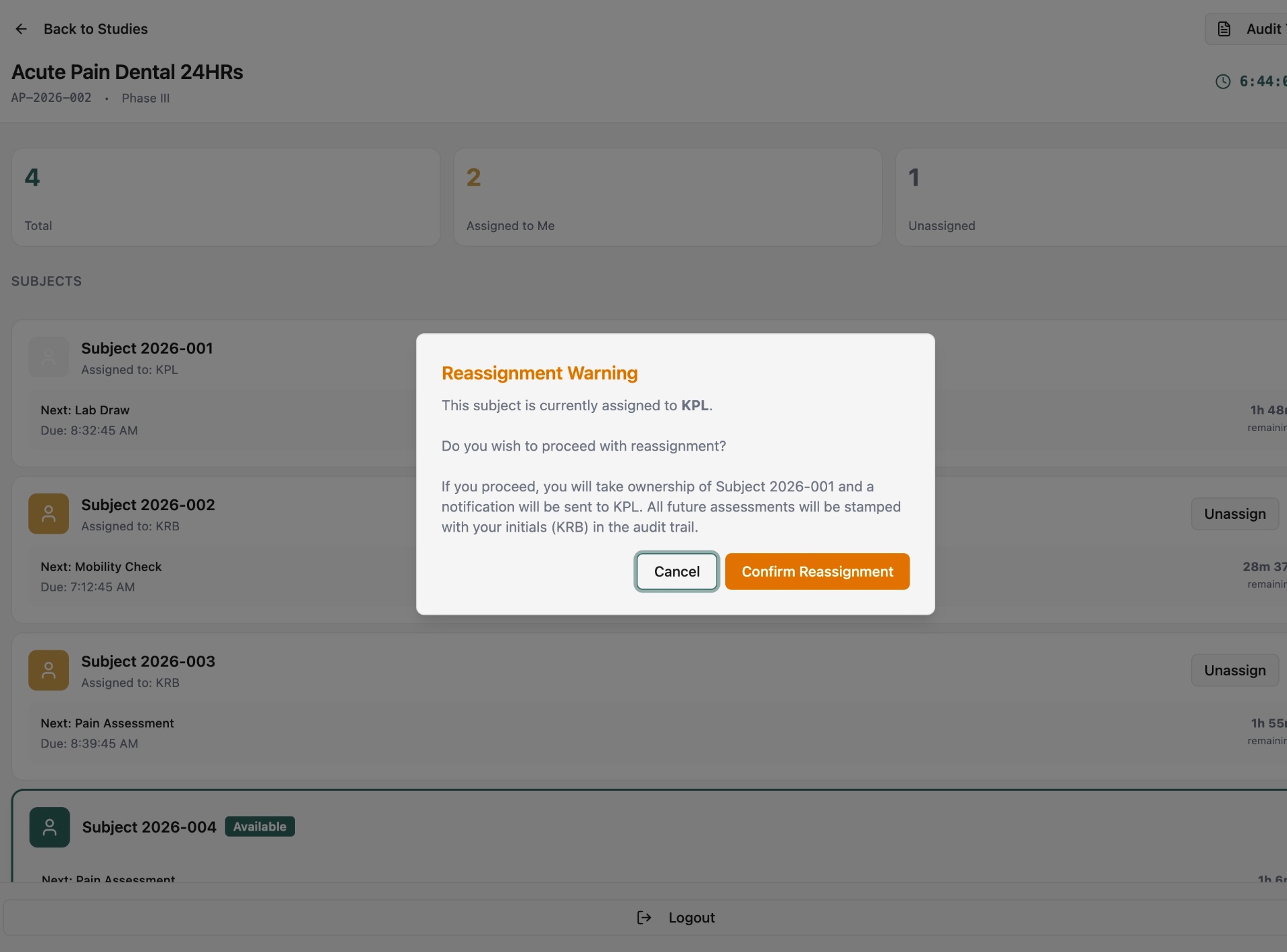 Reassignment warning dialog on the CliniTrackr mobile app